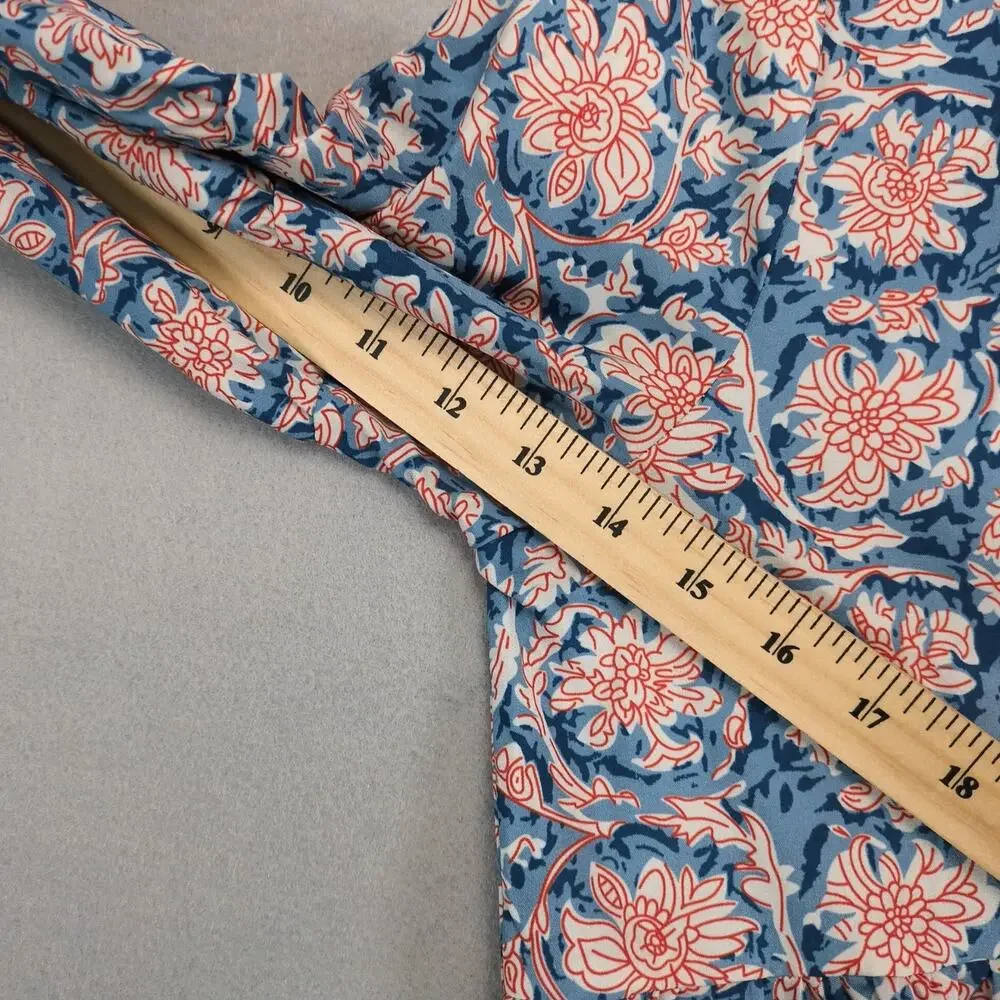 SundayUp Floral Tiered Midi Dress Sz S Puff Sleeves‎ Blue/Orange V-Neck Cottage